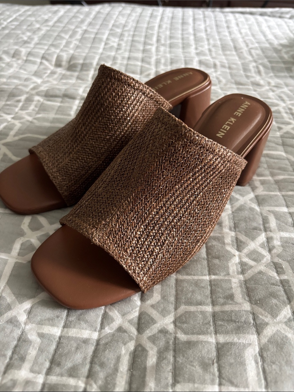 Anne Klein Flutter Slide Sandal brown  Raffia Woven Block 2” Heel